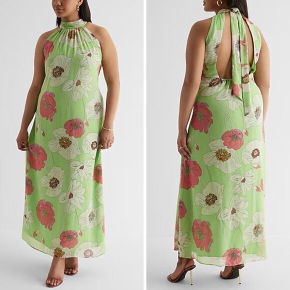 New! Express Floral Print Tie Halter Neck Open Back Maxi Dress, size L - Picture 6 of 16